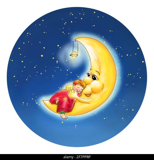 La lune sourit et tient à un petit garçon
 qui dort tranquillement dessus. Le garçon sourit. Un pied se fait défiler vers le bas. Une étoile roque sur la lune brillante Photo